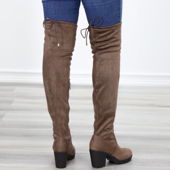 Taupe Thigh High Suede Boots Lug Chunky Heel - Picture 8 of 15